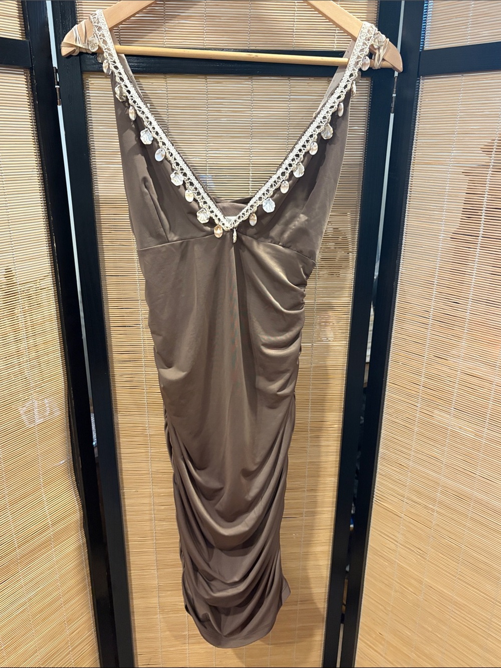 Sleeveless V-Neck Brown Embellished Evening Dress